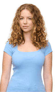 Woman with curly hair wearing a light blue shirt on a transparent background