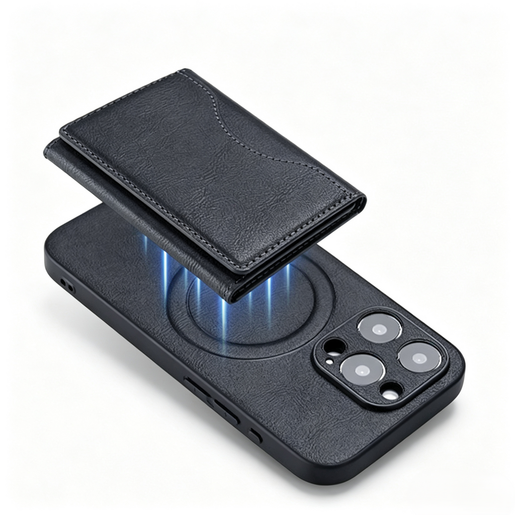 FoldMate – Tri-Fold MagSafe Leather Card Holder & Phone Kickstand
