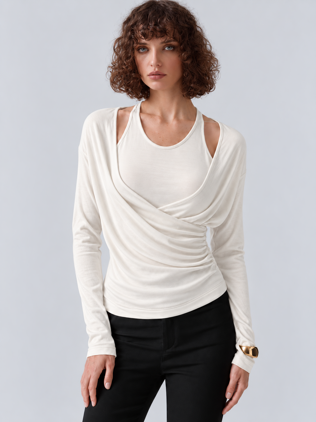 CallidaDrape – Ruched Two-Piece Wrap Top Set with Built-In Bra