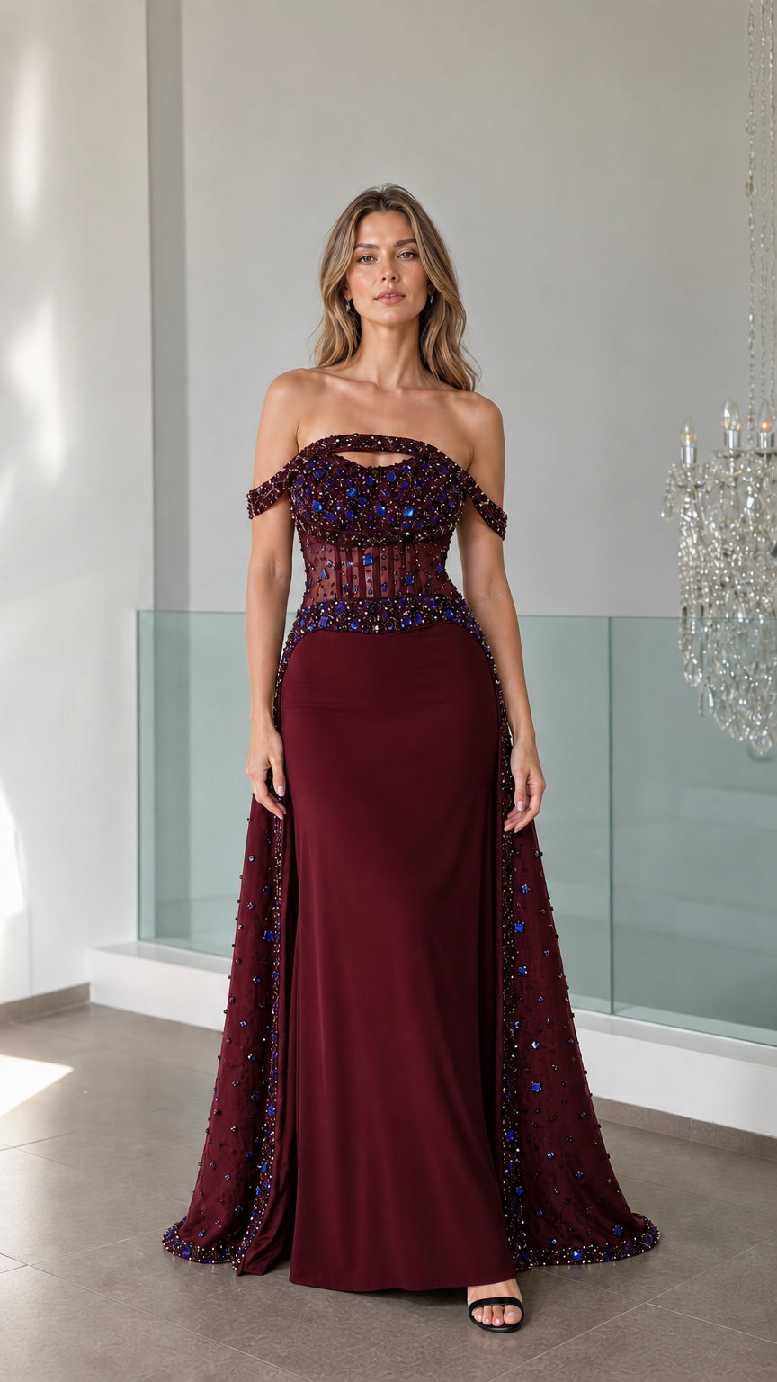 LuminaGrace – Off-the-Shoulder Beaded Evening Gown with Sheer Corset Bodice
