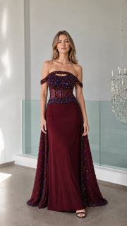 LuminaGrace – Off-the-Shoulder Beaded Evening Gown with Sheer Corset Bodice