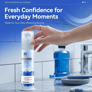 Foaming whitening toothpaste in a clean modern bathroom