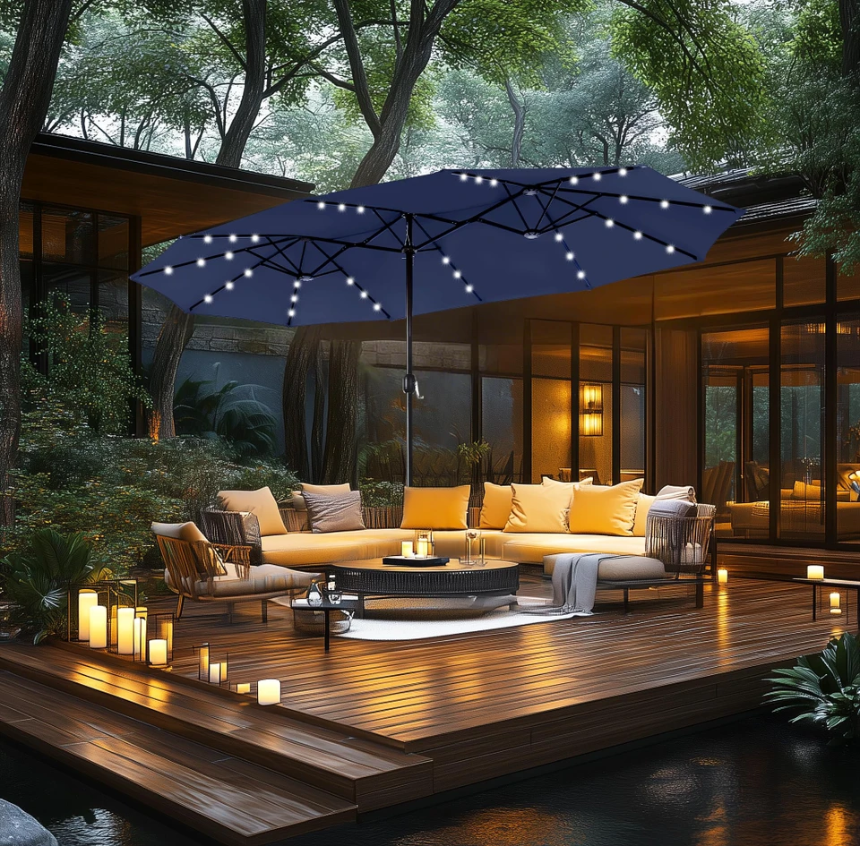 GlowCanopy – 15ft Double-Sided Patio Umbrella with Solar Lights