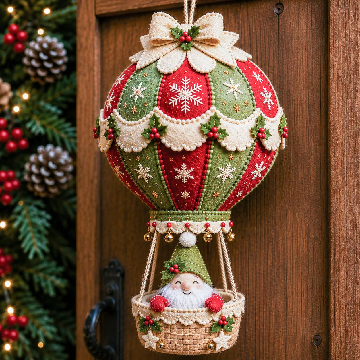 Gnome Christmas hot air balloon hanging decoration with a green hat and snowflake panels