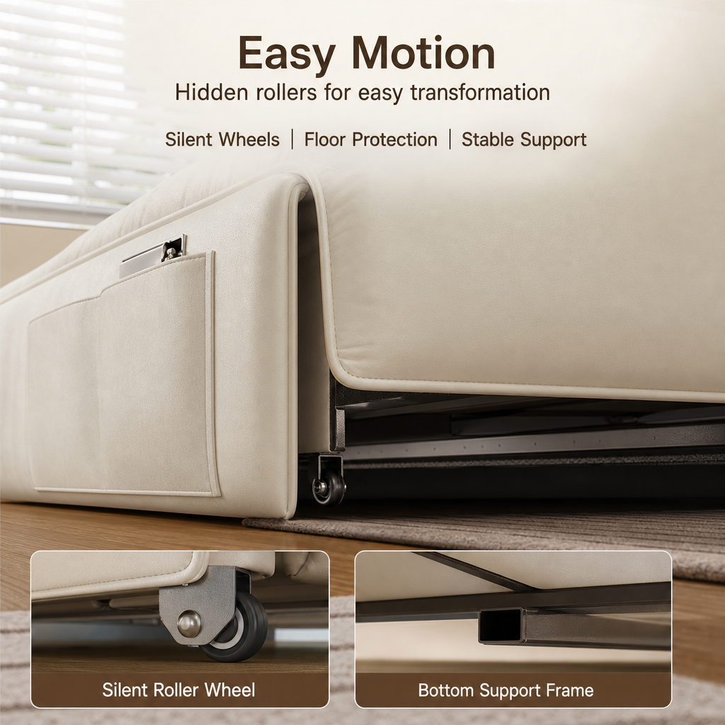 SnugShift – 3-Mode Convertible Folding Sofa Bed with Side Storage Pockets & Silent Wheels