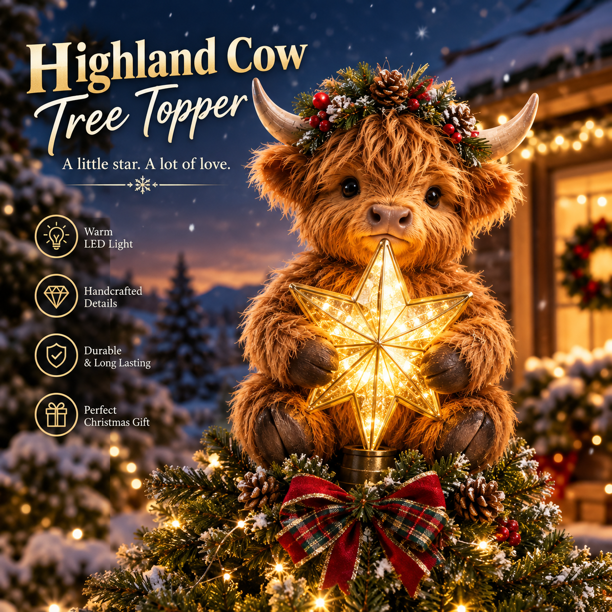 🎄HighlandGlow – Baby Highland Cow Glowing Star Tree Topper✨