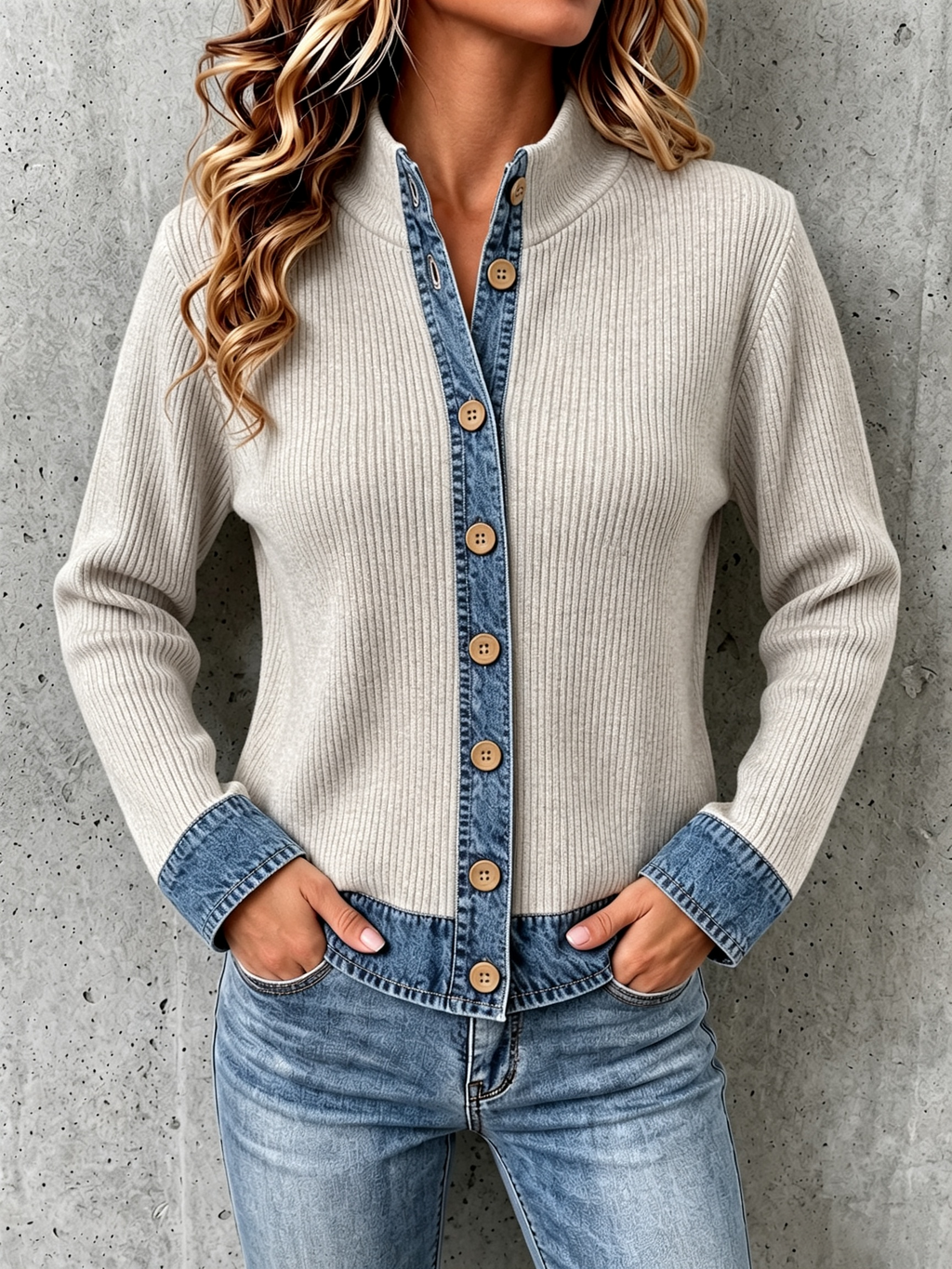 DenimEase – Women's Denim-Paneled Knit Cardigan