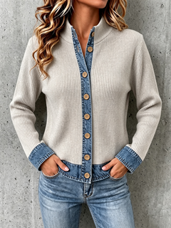 DenimEase – Women's Denim-Paneled Knit Cardigan