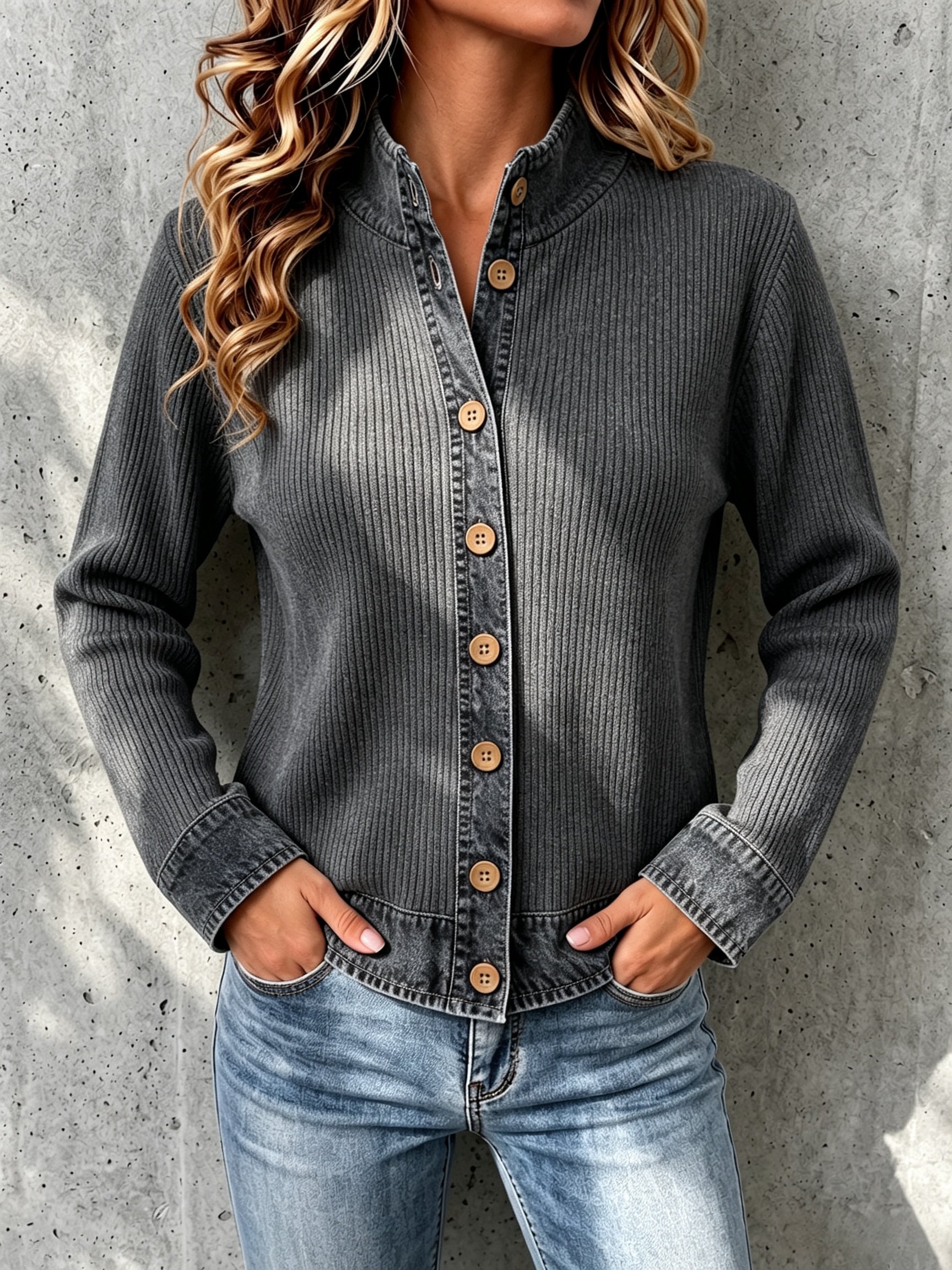 DenimEase – Women's Denim-Paneled Knit Cardigan