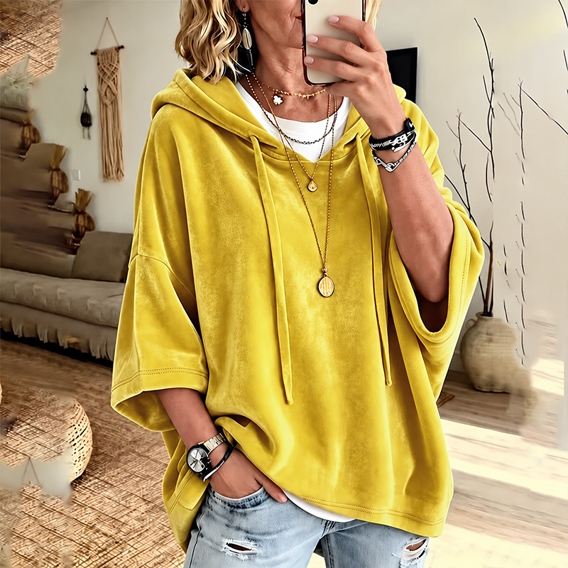 PlushDrape – Women's Velour Oversized Hoodie with 3/4 Sleeves