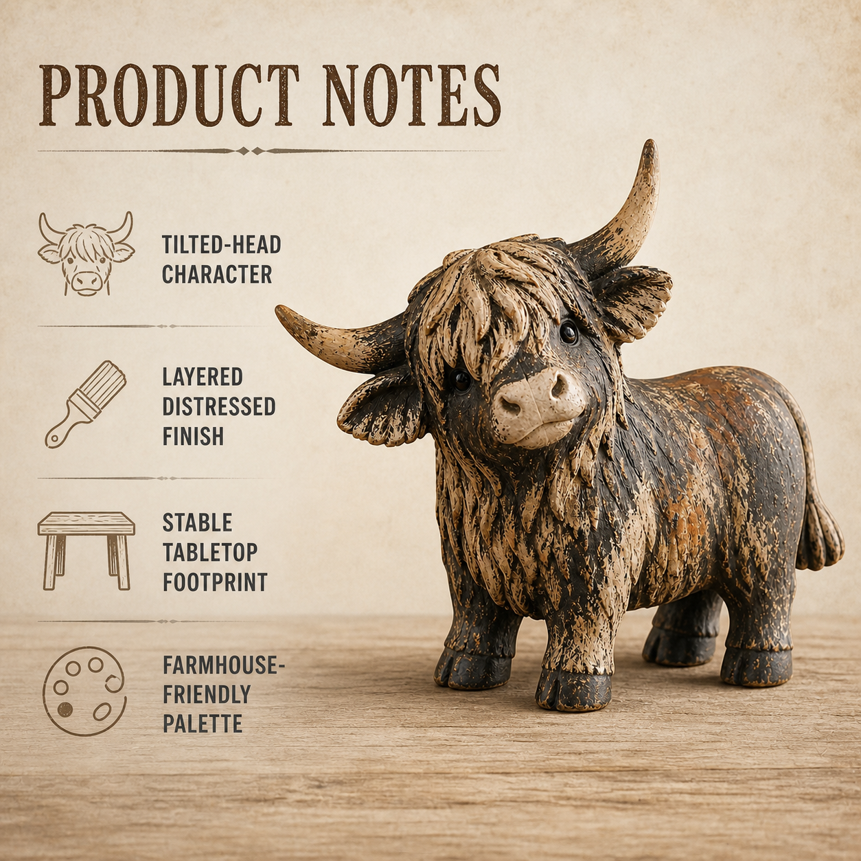 🐮 CuriousCoo – Rustic Highland Cow Figurine for Charming Farmhouse Tabletop Decor