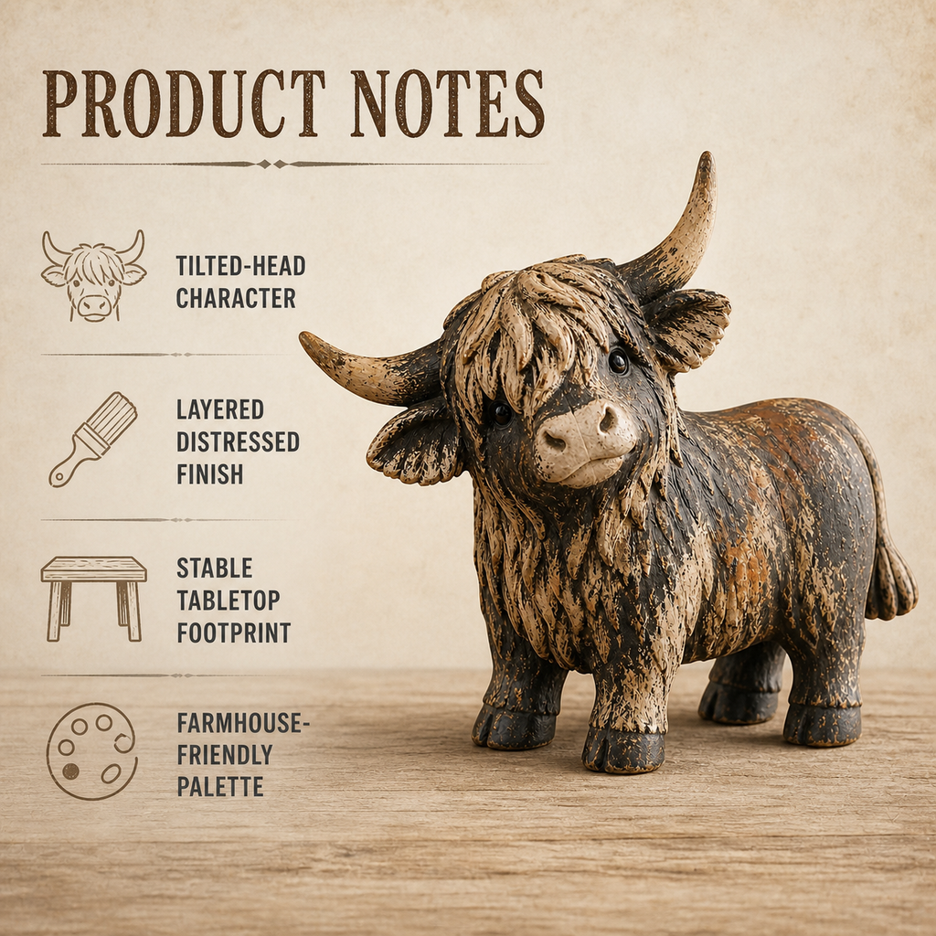 🐮 CuriousCoo – Rustic Highland Cow Figurine for Charming Farmhouse Tabletop Decor