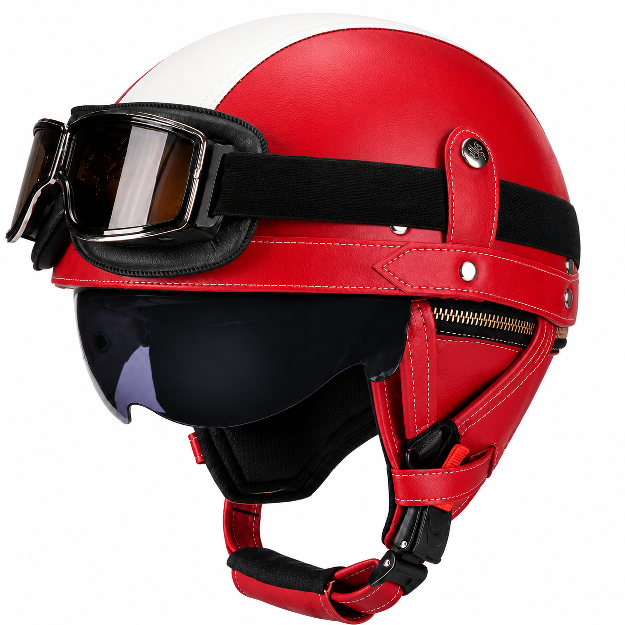 AviatorRide – Vintage PU Leather DOT Motorcycle Half Helmet with Goggles