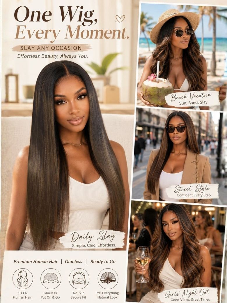 ChestnutGlide – Ombre Chestnut Brown Yaki Straight 7x5 Glueless Human Hair Wig with Drawstring