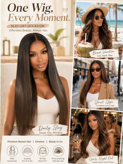 ChestnutGlide – Ombre Chestnut Brown Yaki Straight 7x5 Glueless Human Hair Wig with Drawstring