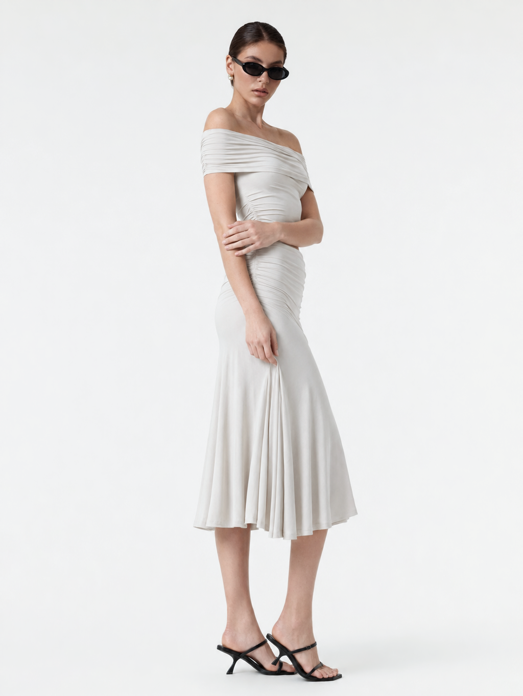 MilayaMuse – Off-the-Shoulder Ruched Top & Midi Skirt Set