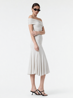 MilayaMuse – Off-the-Shoulder Ruched Top & Midi Skirt Set