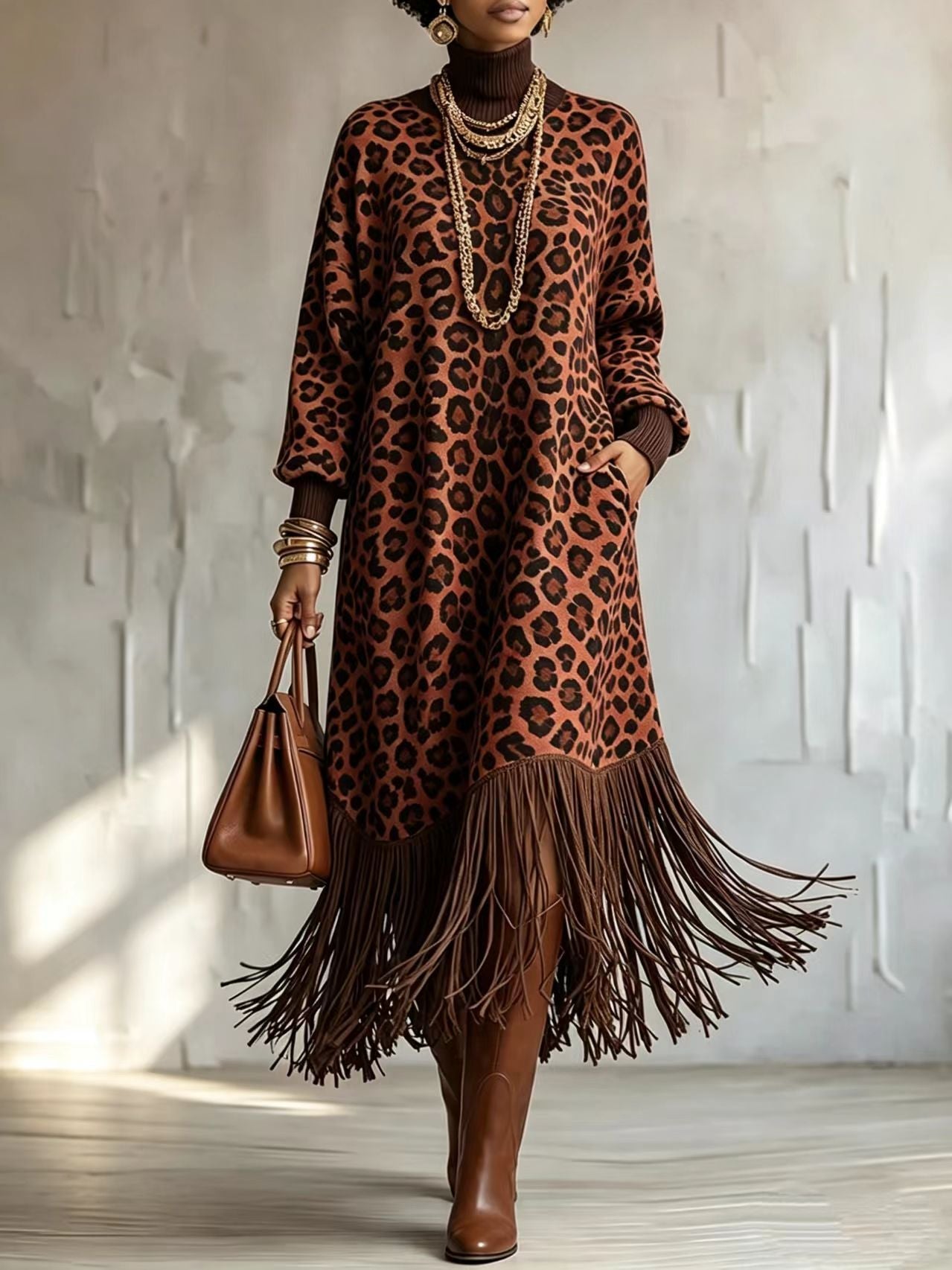 WildFringe – Boho Leopard Print Fringe Dress with Long Sleeves