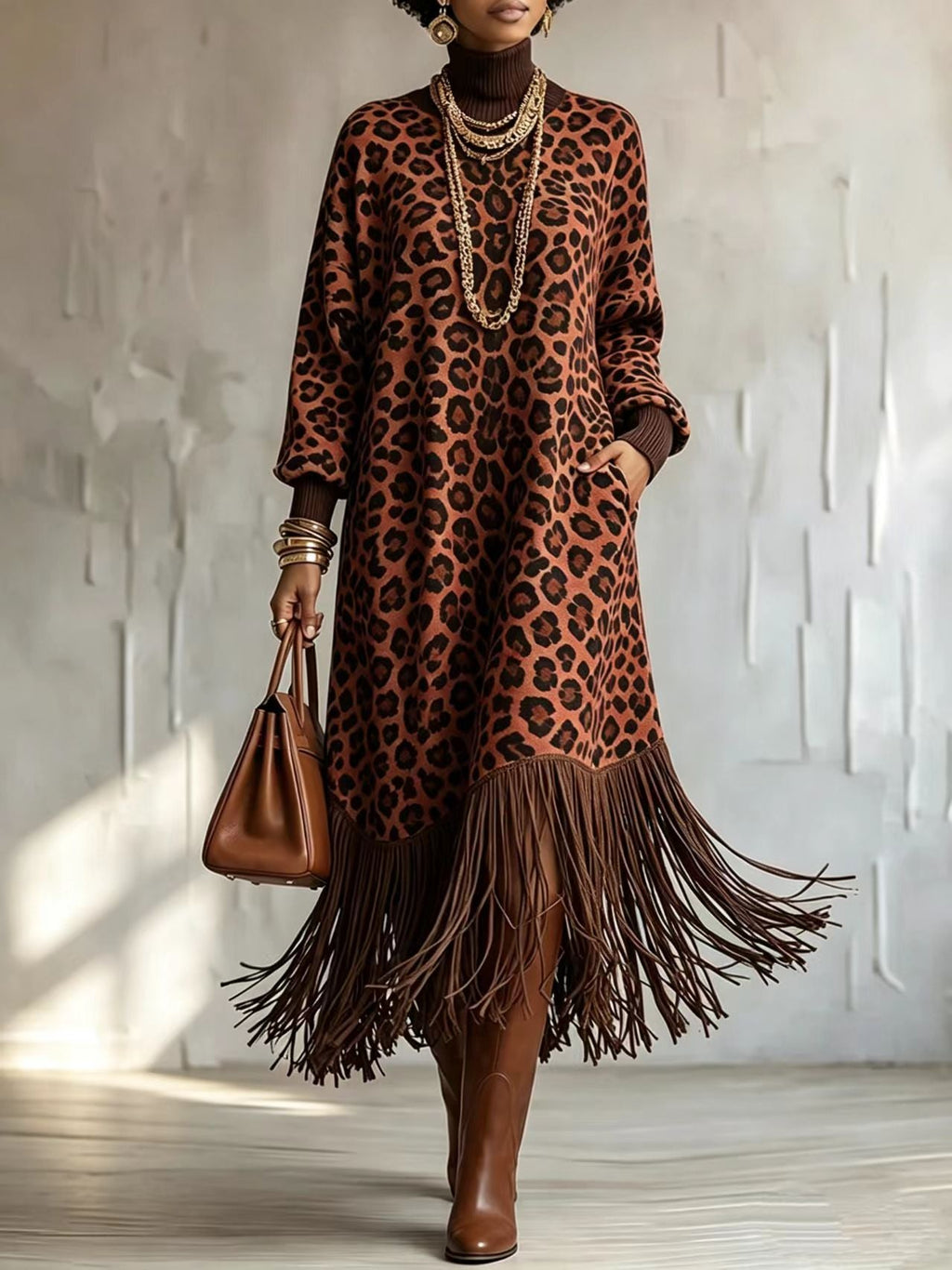 WildFringe – Boho Leopard Print Fringe Dress with Long Sleeves