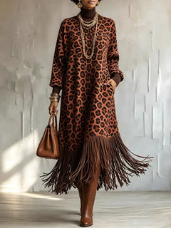 WildFringe – Boho Leopard Print Fringe Dress with Long Sleeves