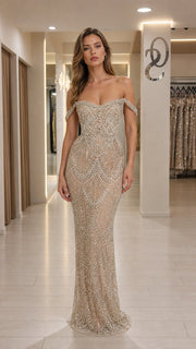 GlimmerGown – Off-the-Shoulder Beaded Mermaid Evening Gown