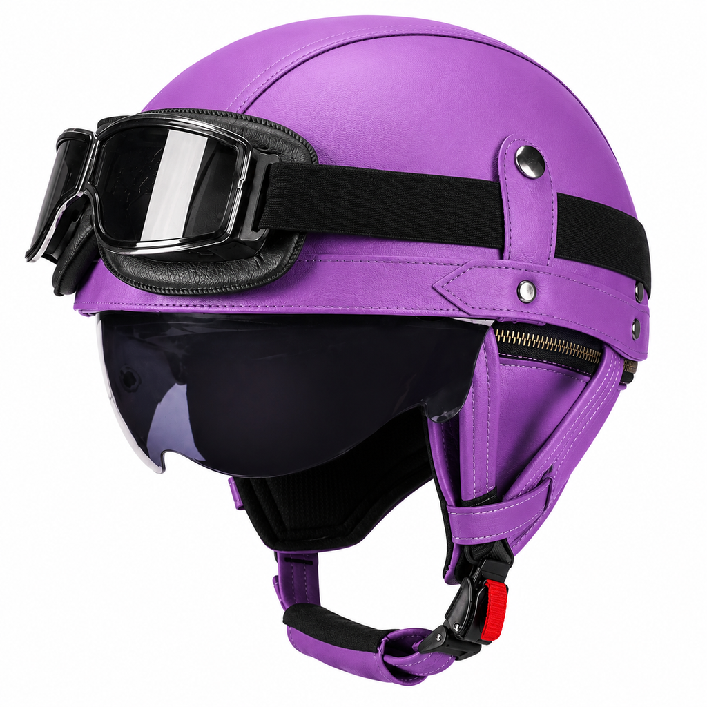 AviatorRide – Vintage PU Leather DOT Motorcycle Half Helmet with Goggles