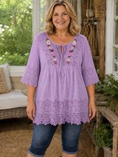 BohoBloom – Plus-Size Cotton-Linen Floral Embroidered Lace Tunic