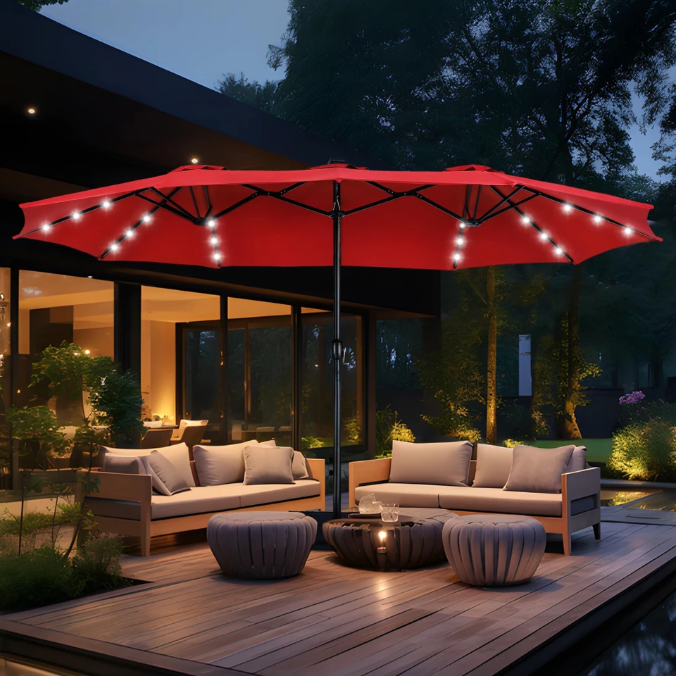 GlowCanopy – 15ft Double-Sided Patio Umbrella with Solar Lights