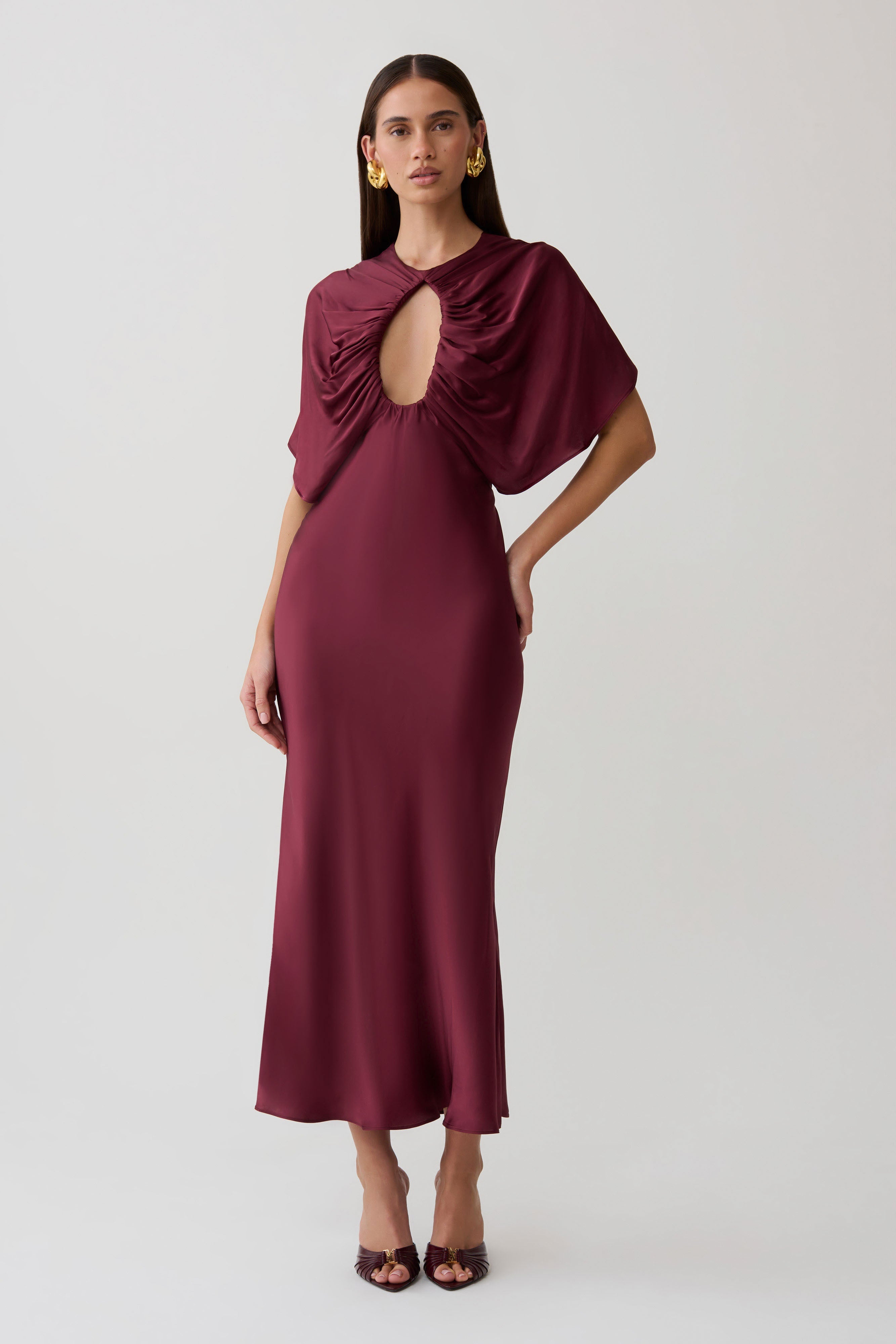 SatinDrape – Burgundy Cut-Out Satin Midi Dress