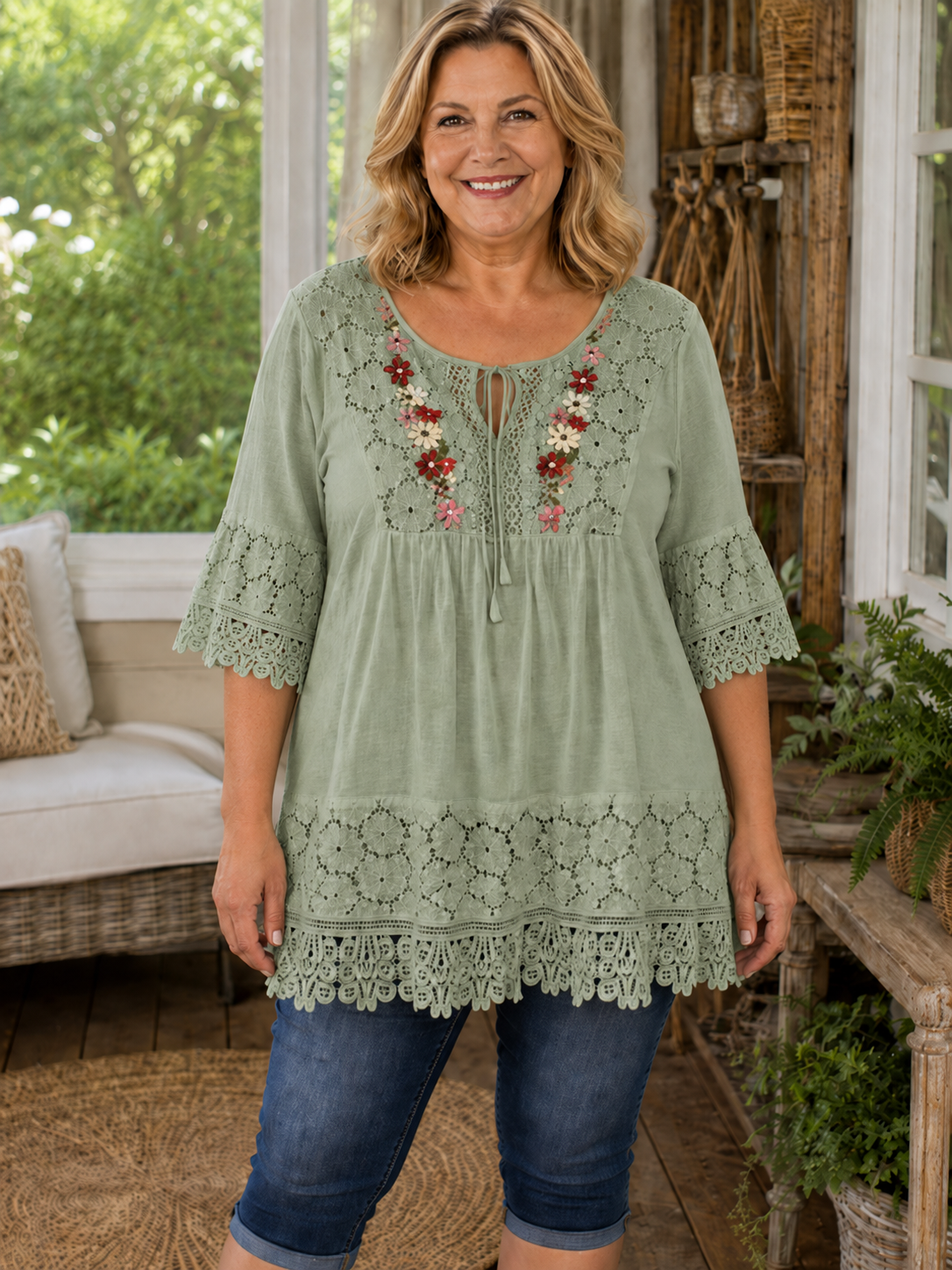 BohoBloom – Plus-Size Cotton-Linen Floral Embroidered Lace Tunic