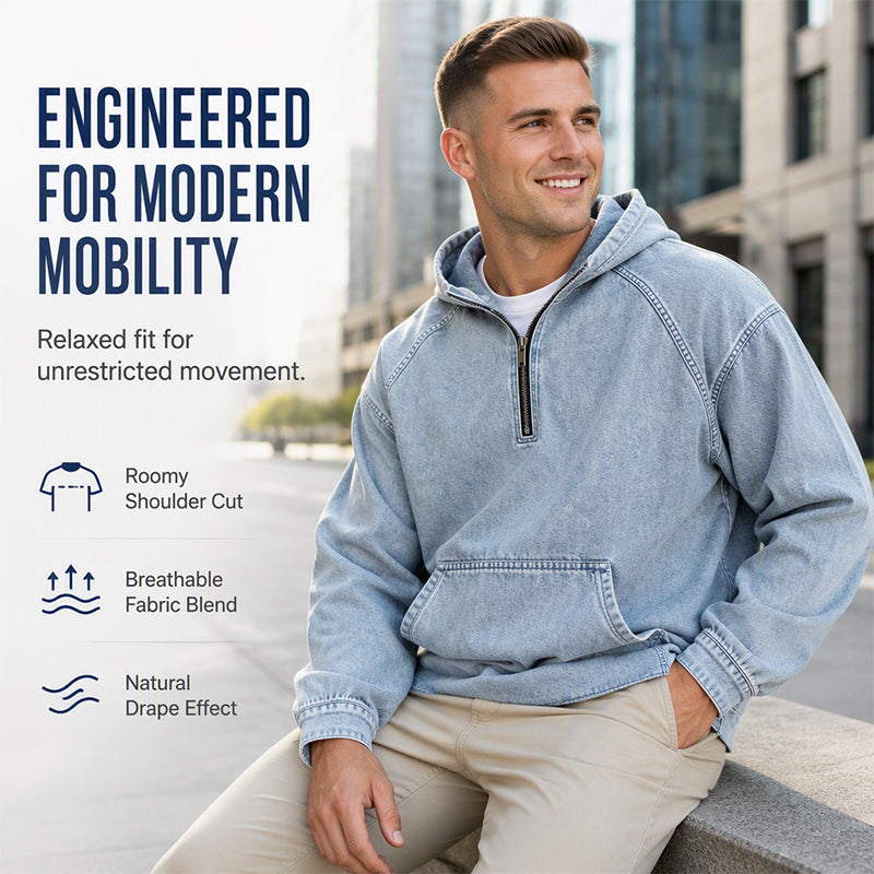 ✨ UrbanEase – Men’s Denim-Inspired Zip Hoodie 👖