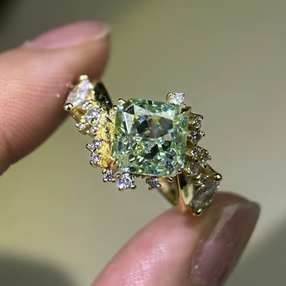 MintCrest – 3ct Cushion-Cut Mint Green Sapphire & White Sapphire Asymmetrical Cluster Ring