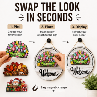 SeasonSwap – Interchangeable Front Door Welcome Sign with 15 Magnetic Seasonal Accents