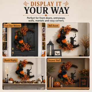 CrescentPurr – Handmade Halloween Cat Wreath🐈‍⬛🌙