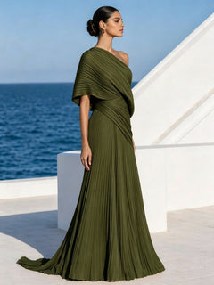 DrapeGala – One Shoulder Pleated Evening Gown