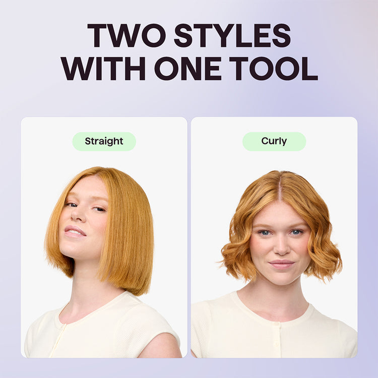 Comparison of straight and curly hair styles with text 'Two Styles with One Tool' on a light purple background.