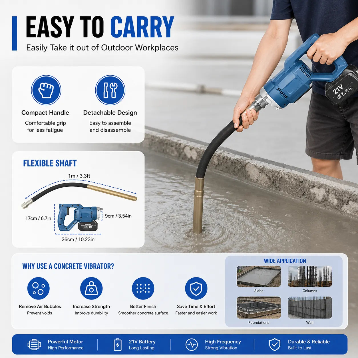 VibraCrete – Cordless Electric Concrete Vibrator with 400W Brushless Motor and 3.3 ft (1 m) Vibrating Rod