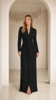 GlimmerDrape – Sequin Long Sleeve V-Neck Maxi Dress