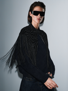 FringeNoir – Embellished Fringe Cape Top with Structured Shoulders