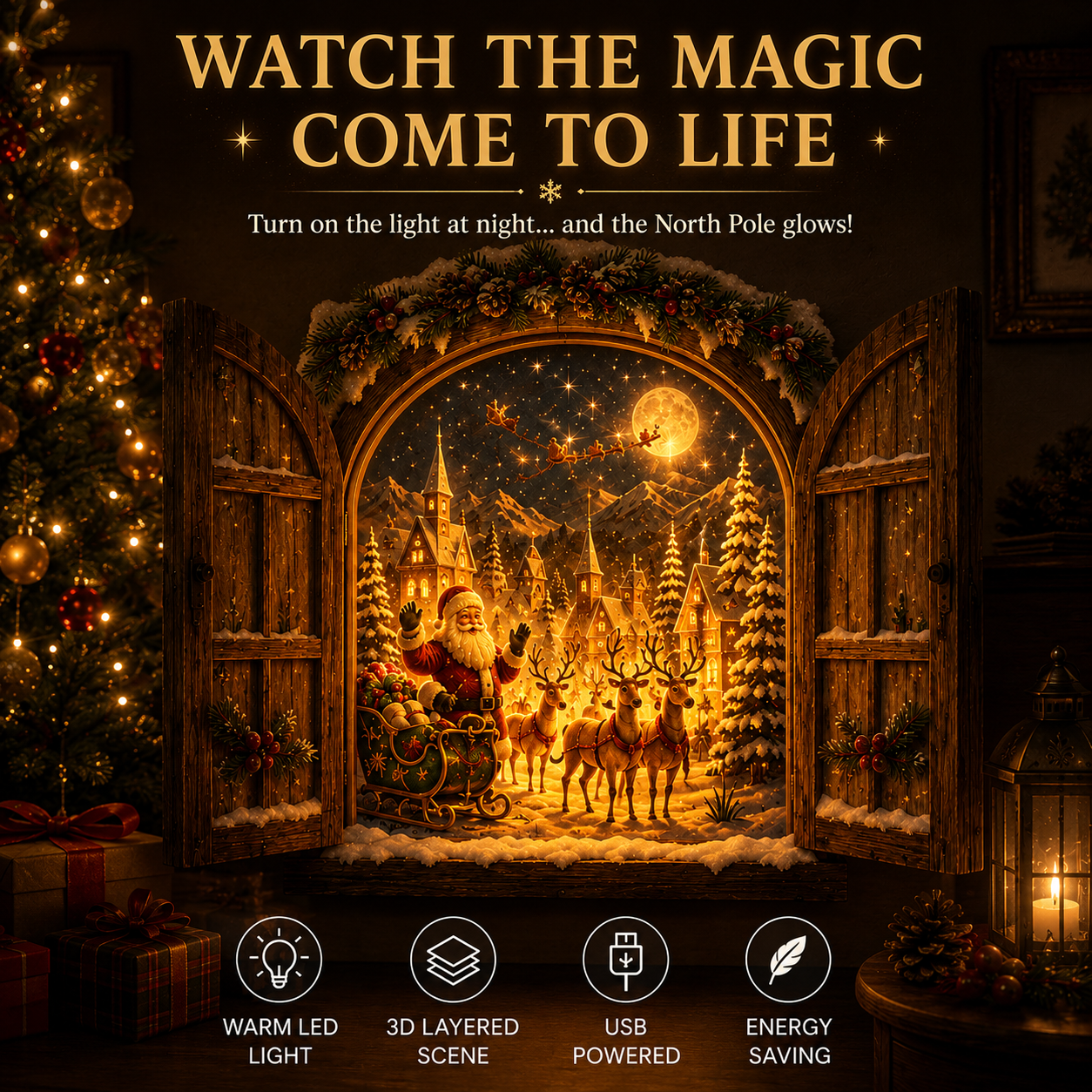 🎄NorthPoleGlow – 3D Lighted Christmas Window Wall Decor🎅