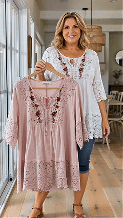 BohoBloom – Plus-Size Cotton-Linen Floral Embroidered Lace Tunic