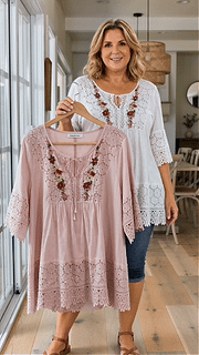 BohoBloom – Plus-Size Cotton-Linen Floral Embroidered Lace Tunic