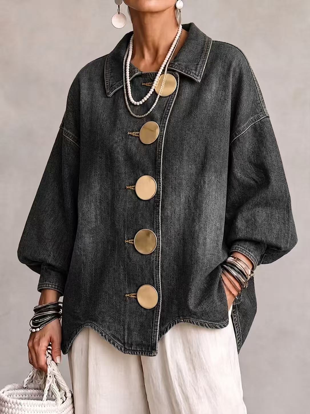 ButtonBloom – 🤲⏰ Collared Oversized Denim Jacket with Large Metal Buttons