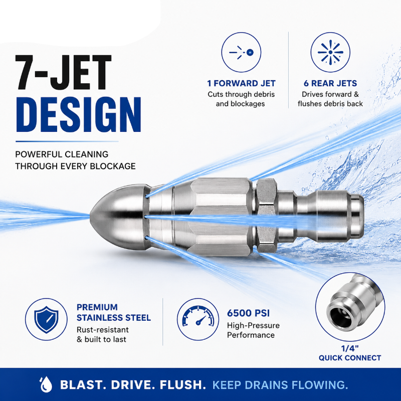 JetFlush – 6500 PSI Stainless Steel Sewer Jetter Nozzle with 1/4" Quick Connect