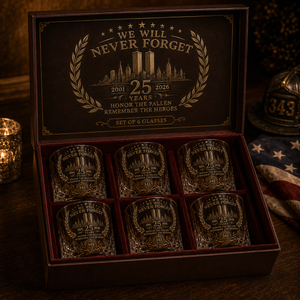 🕯️ TributeCrest – 9/11 25th Anniversary Memorial Whiskey Decanter & Glass Gift Set, We Will Never Forget 343 Heroes