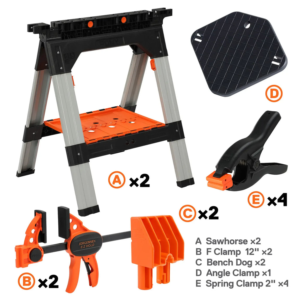 PonyWork – 2-Pack Folding Sawhorses with Clamps