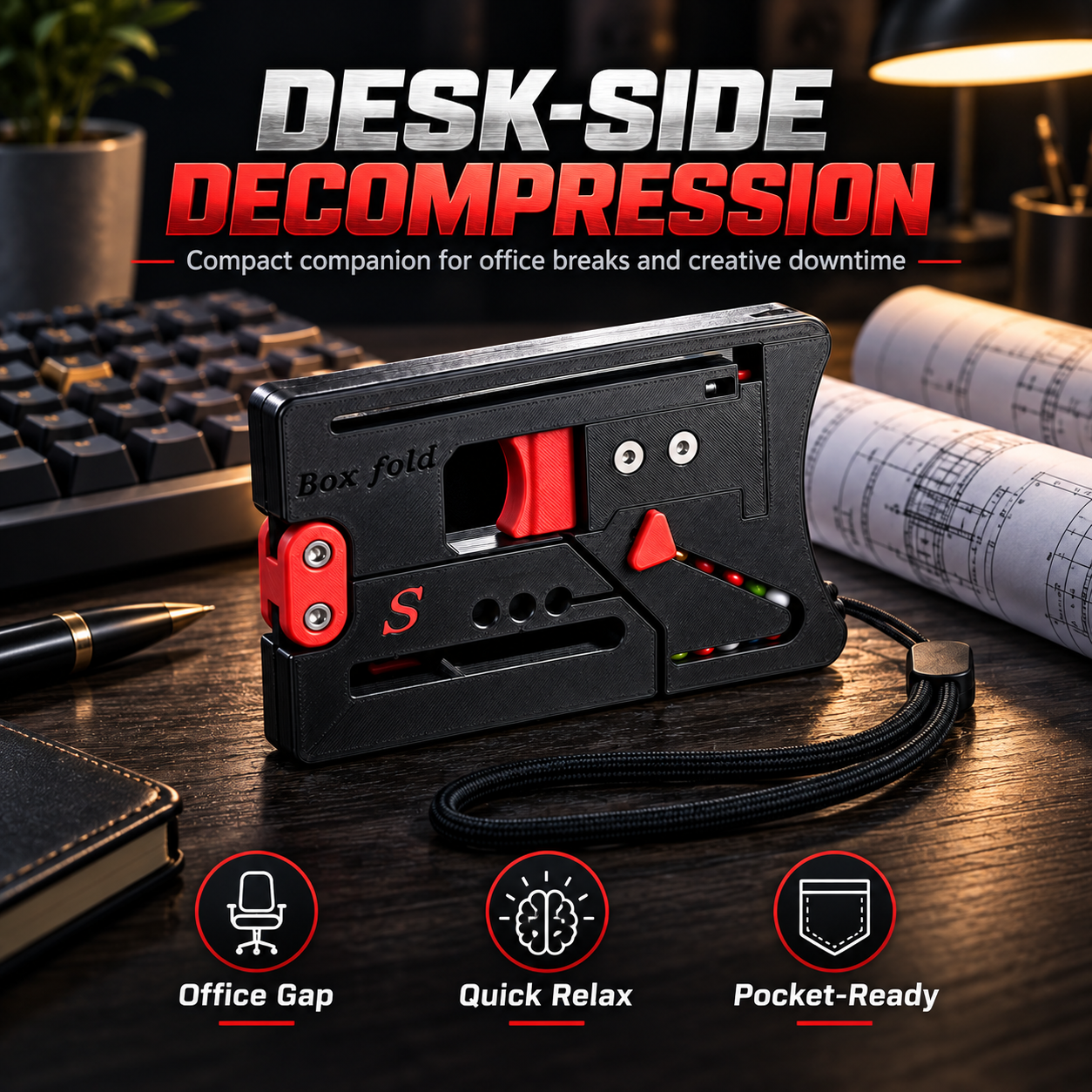 Black and red folding EDC tool shown beside a desk notebook