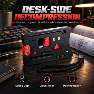 Black and red folding EDC tool shown beside a desk notebook