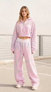GlimmerLounge – Women's Glitter Graphic Cropped Zip Hoodie and Baggy Sweatpants Set