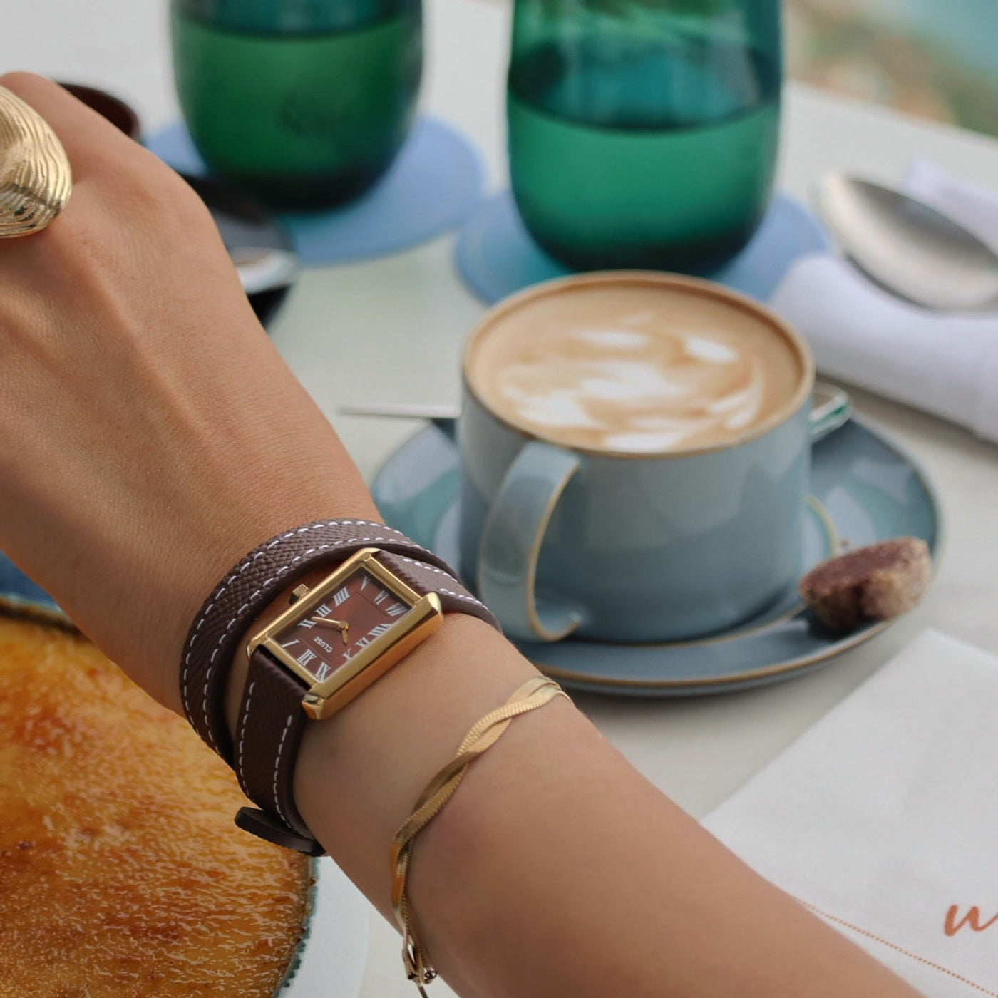 MochaWrap – Belisenna Rectangular Watch with Double Leather Strap, Gold Colour